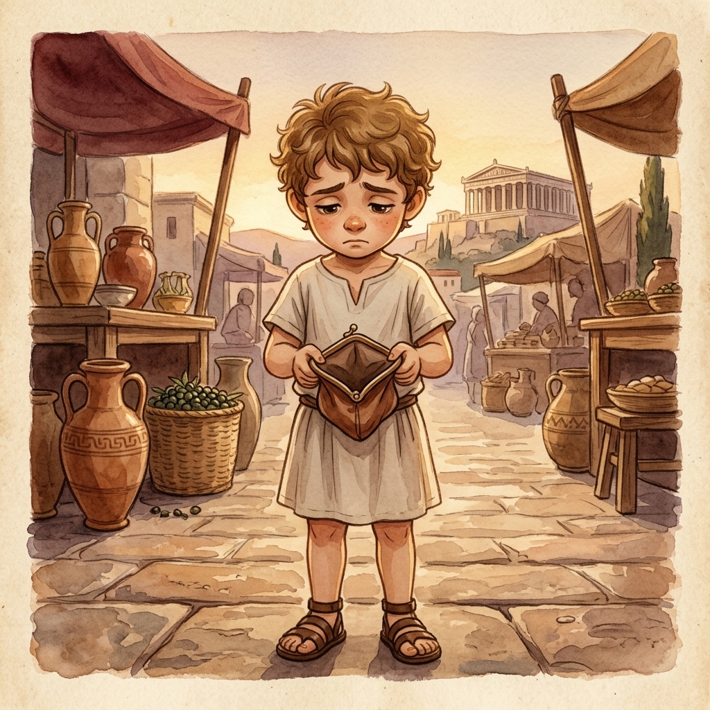 Kynthos holding his empty coin purse