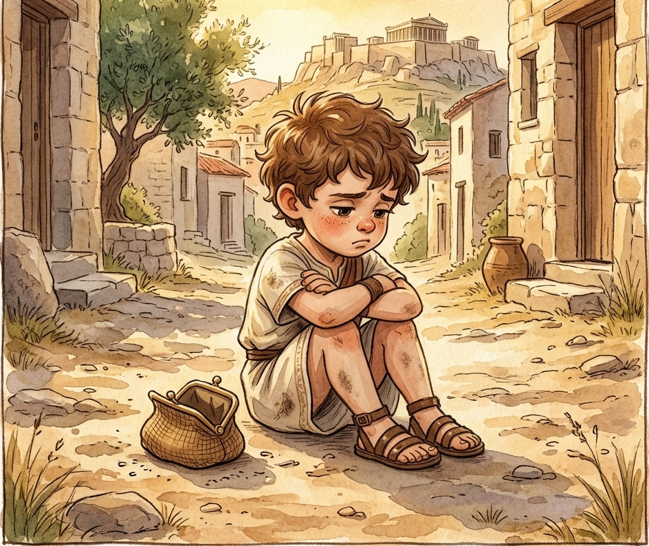 Kynthos sitting on the ground looking defeated