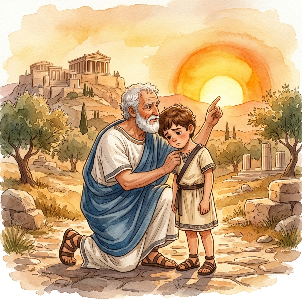 Grandfather pointing up at the sun