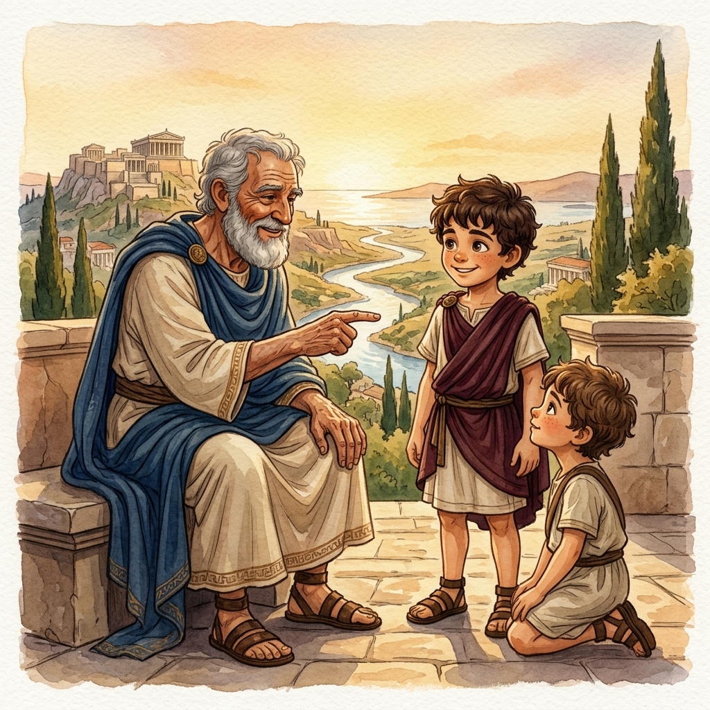 Grandfather pointing at Steve nearby