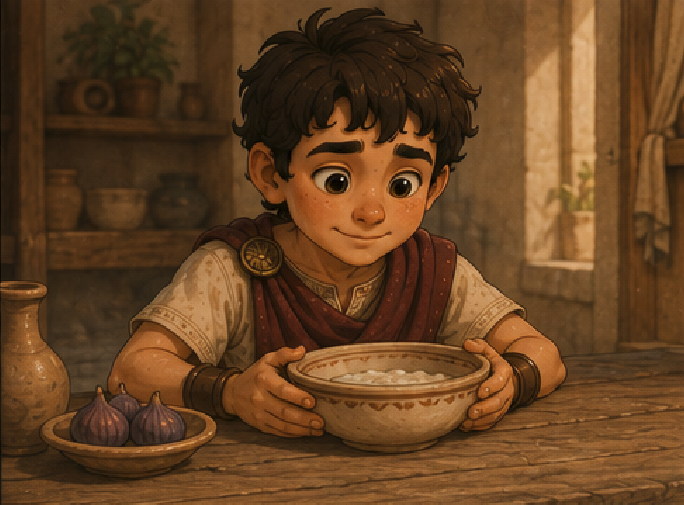 Steve eating from a painted clay bowl