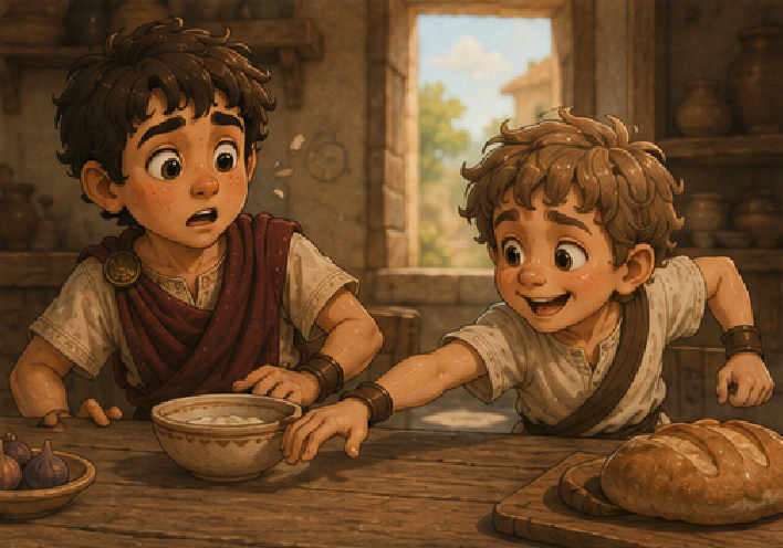 Kynthos bumping the table and the bowl falling