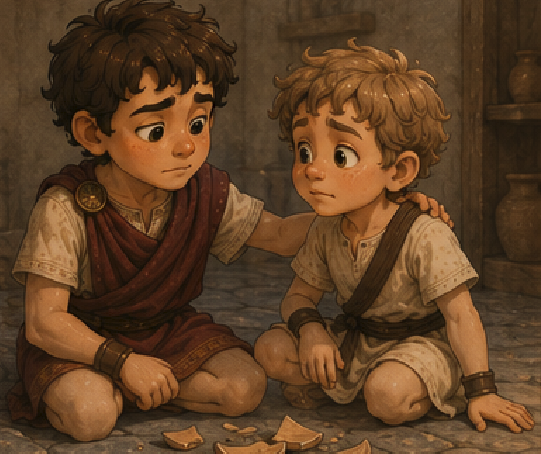 Steve dropping the pieces and putting a hand on Kynthos's shoulder