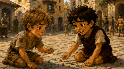 Kynthos and Steve playing in the village square