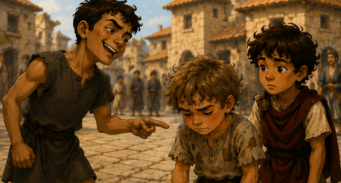 An older boy walking by and laughing at Kynthos