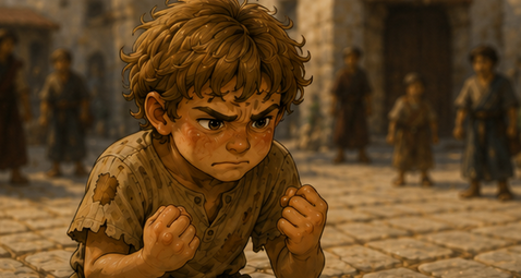 Kynthos clenching his fists, flushed with anger
