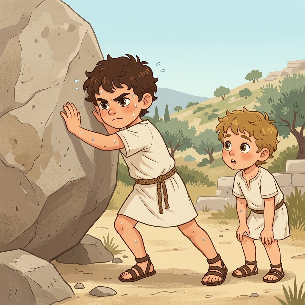 Steve pushing against the rock