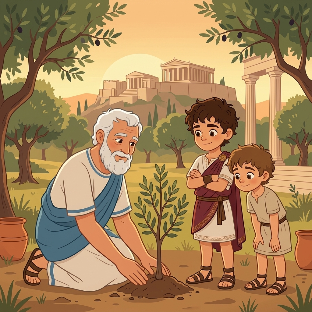 Grandfather planting a small olive sapling