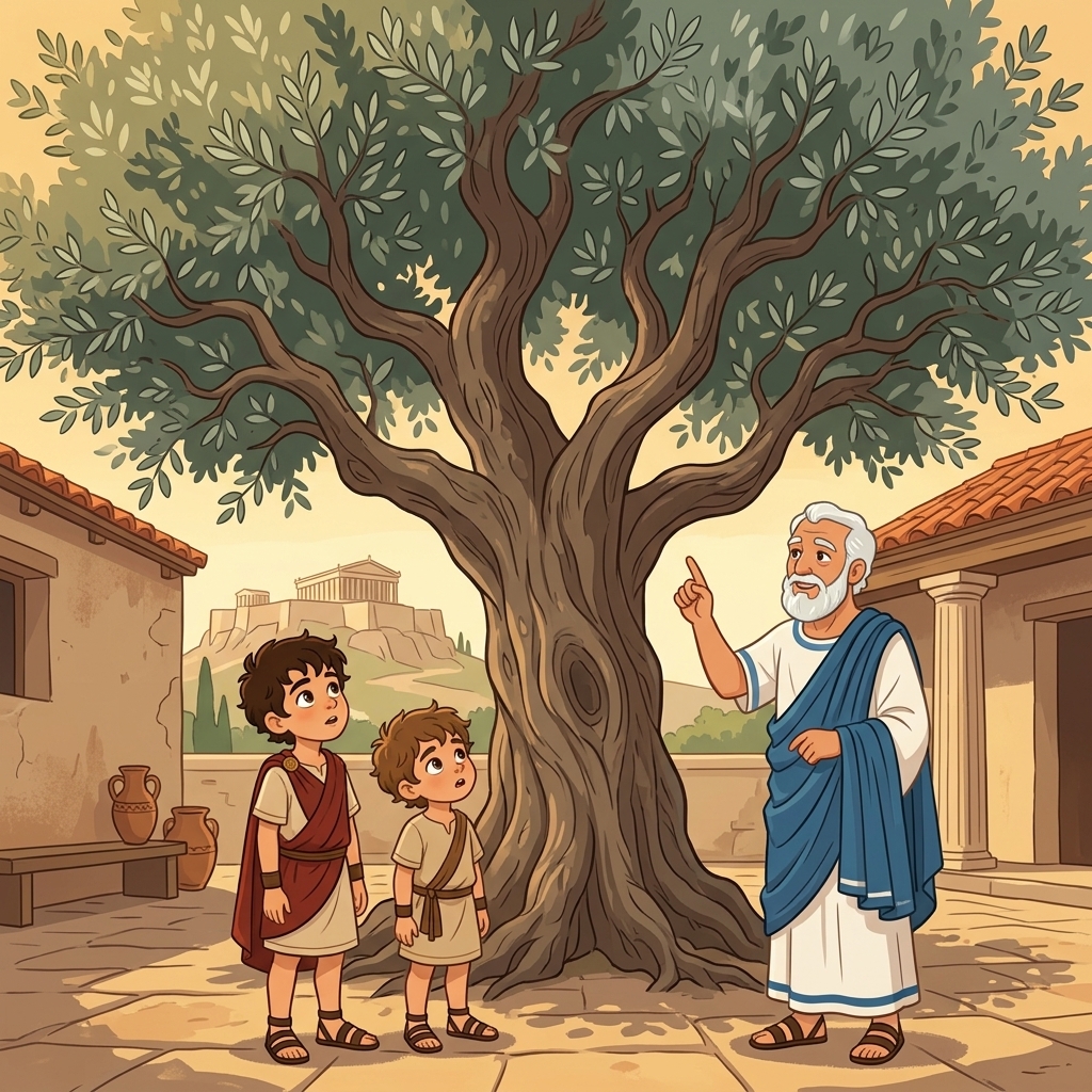Grandfather pointing to the ancient olive tree